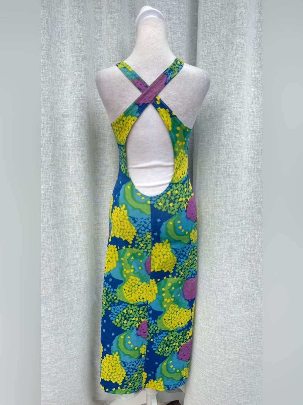 1970 paisley JerSea of Sweden cross back blue yellow green sleeveless dress - Picture 4 of 14